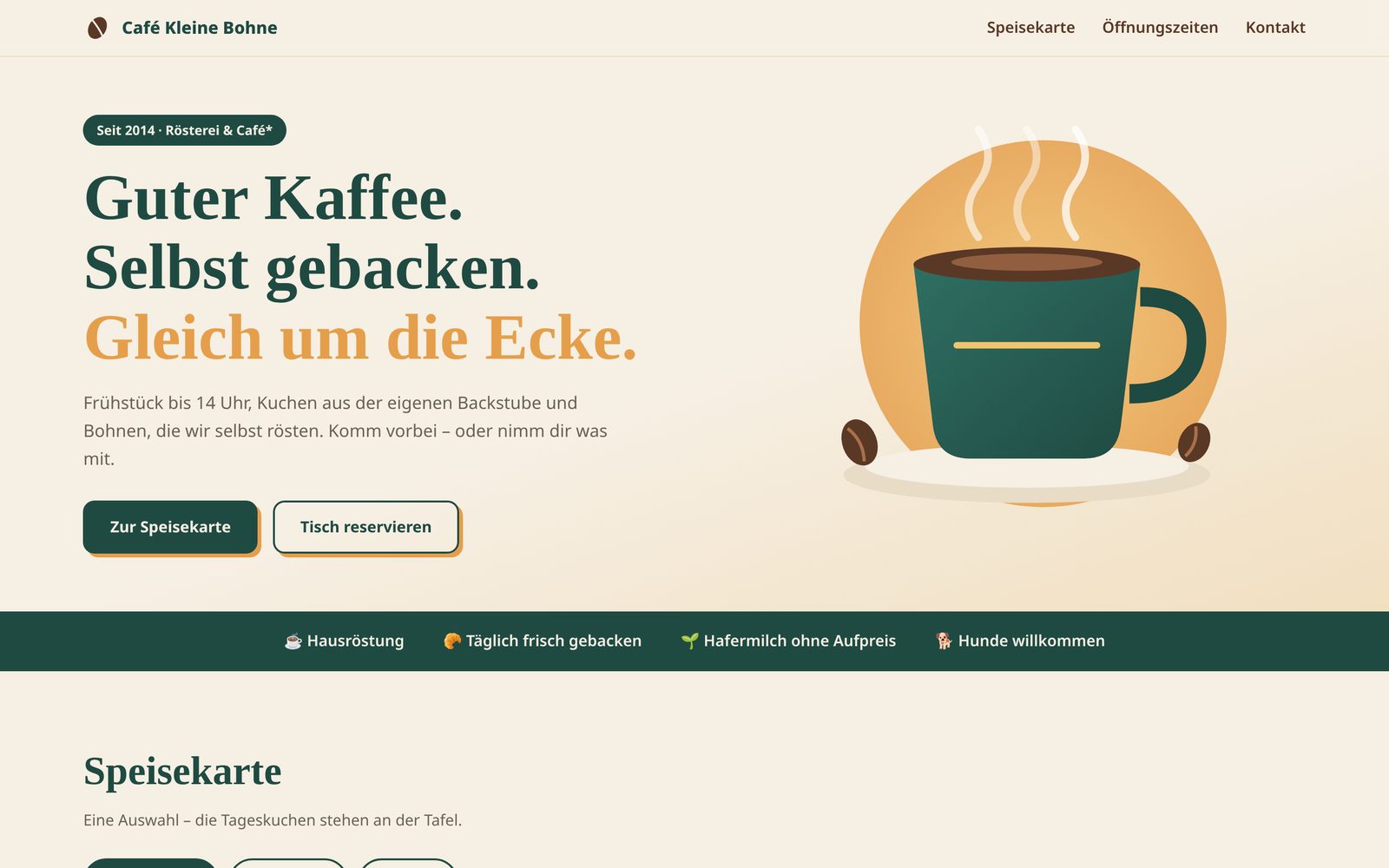 Beispiel-Website eines Cafés, Ansicht am Computer