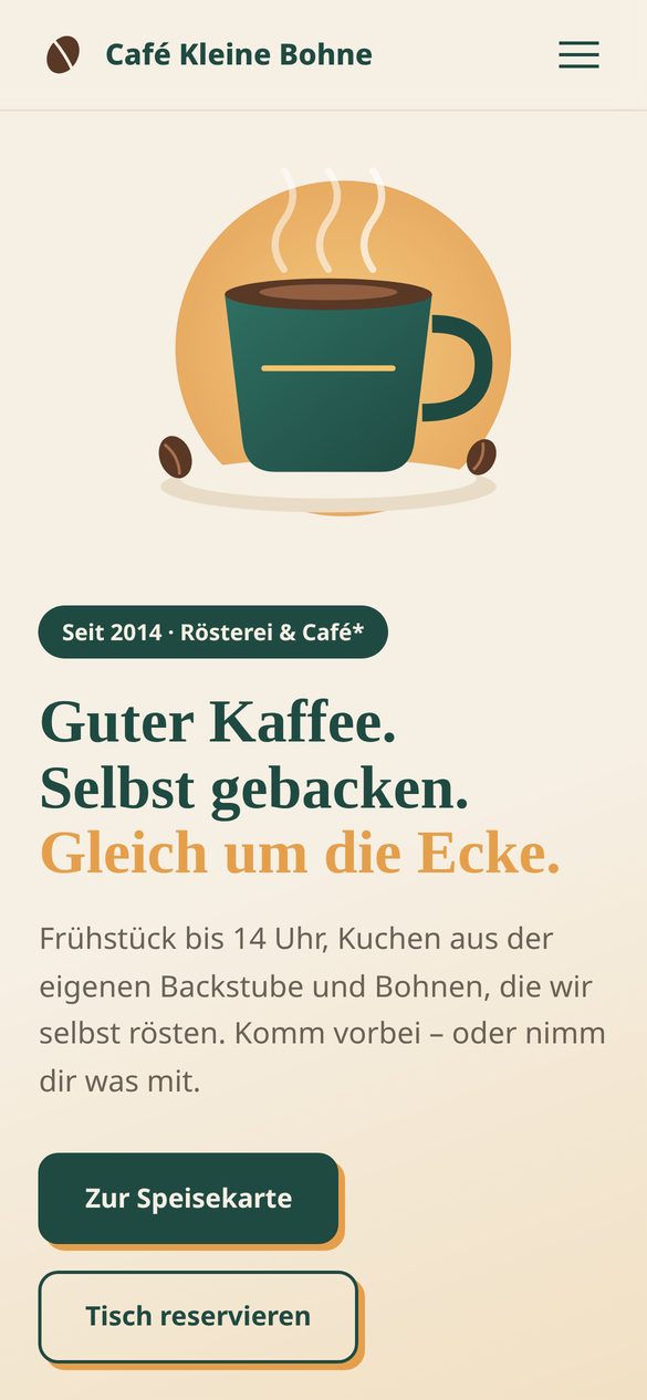 Beispiel-Website eines Cafés, Ansicht auf dem Smartphone