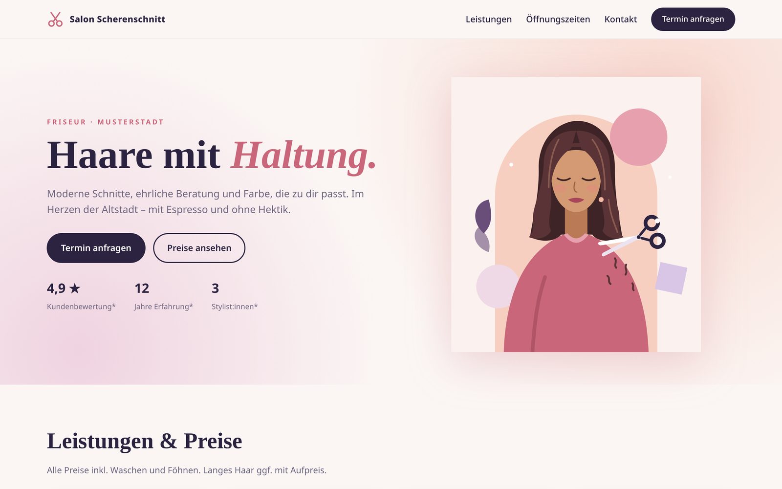 Beispiel-Website eines Friseursalons, Ansicht am Computer
