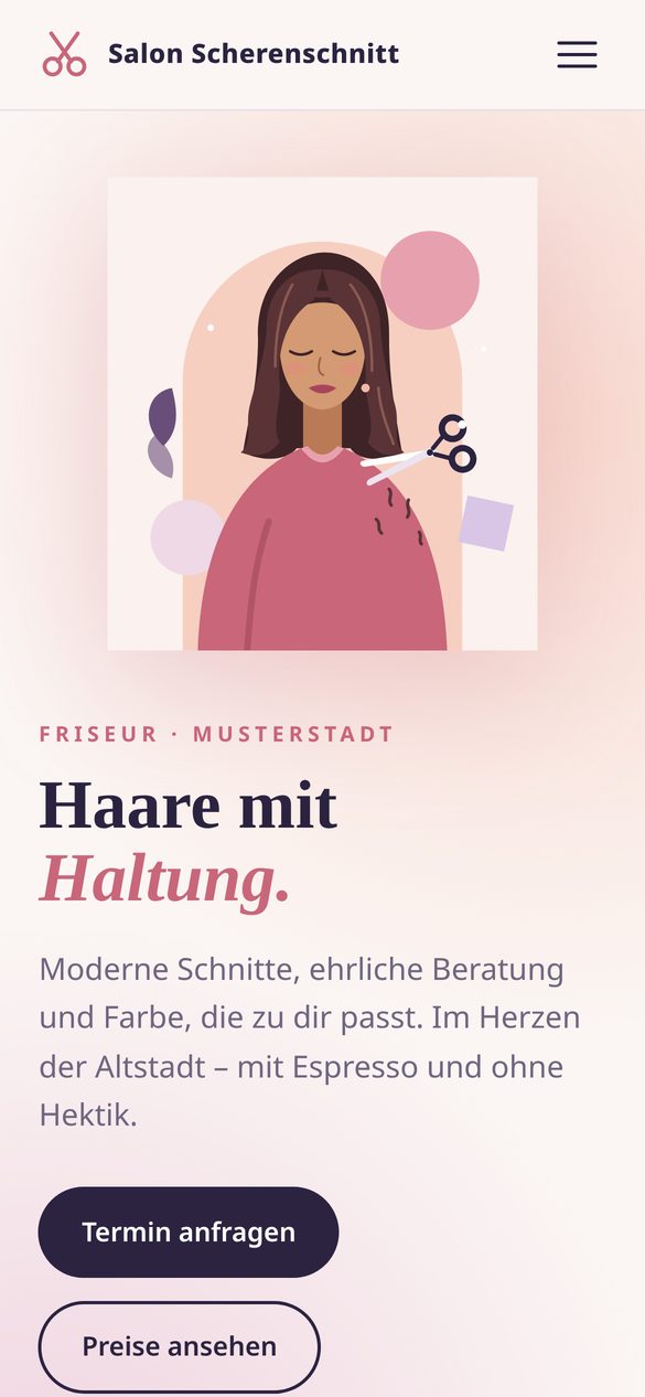 Beispiel-Website eines Friseursalons, Ansicht auf dem Smartphone